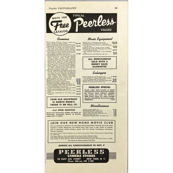 Peerless Camera Stores "Old Equipment Worth Money! Trade or sell It" Ad 1943 - Picture 1 of 3